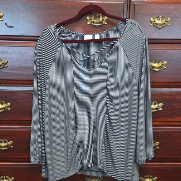 Westbound Tops - Westbound Woman Dark Blue And White Striped Long Sleeve Top
